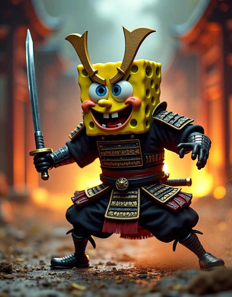 spongebob samurai, professional, medieval samurai armor, spongebob squarepants character, action pose, dynamic motion, adrenaline, gritty aesthetic, dramatic lighting, motion blur, sharp focus, ultra-detailed, 8k, hyperrealistic, physically-based rendering, vivid colors, studio lighting, bokeh