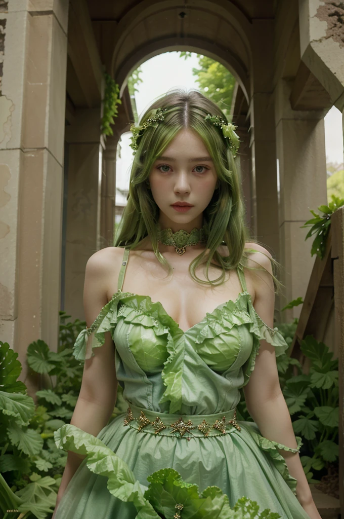 Masterpiece, super detailed, highest image quality, 1 girl, solo, long green hair, cabbage dress, exquisite jewelry, outdoor, BAIZE_MARS,