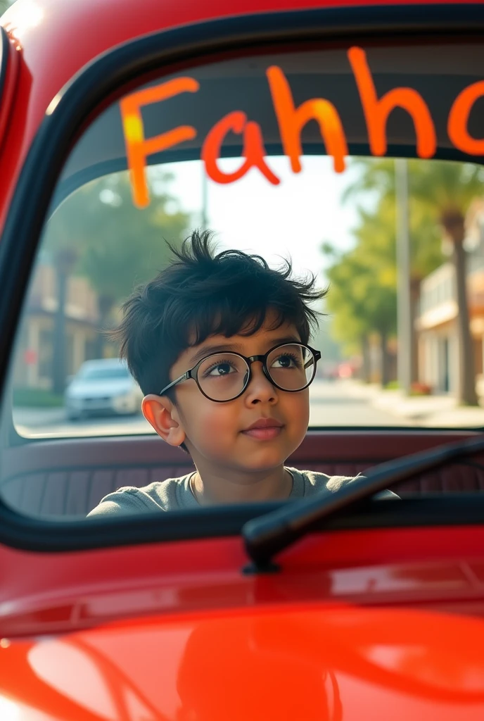 A boy is sitting inside a car wearing glasses, Farhan is written on the windshield of the car