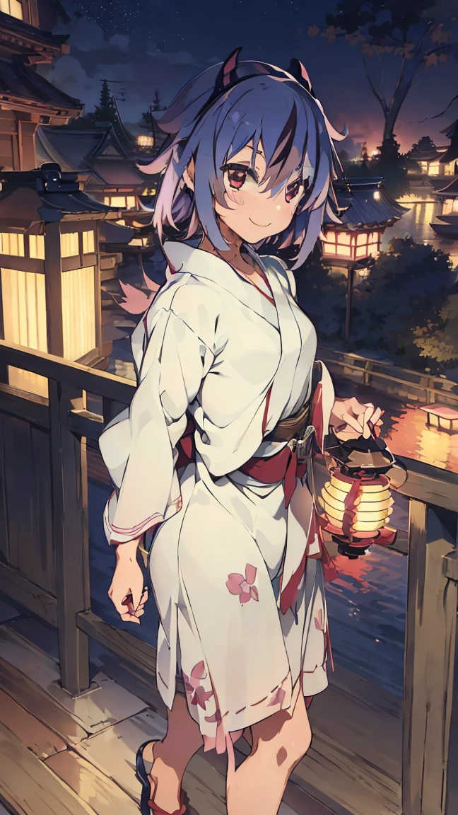 masterpiece, Highest quality, High resolution, Very detailed,(((Mikoto Naruka))), (((smile)))、(((Standing in the distance))), (((yukata))), (((On Bridge))), (((Red railing))), (((Lantern))), (((night))), (((Multicolored Hair))), (((horn))), (((Pink Eyes)))