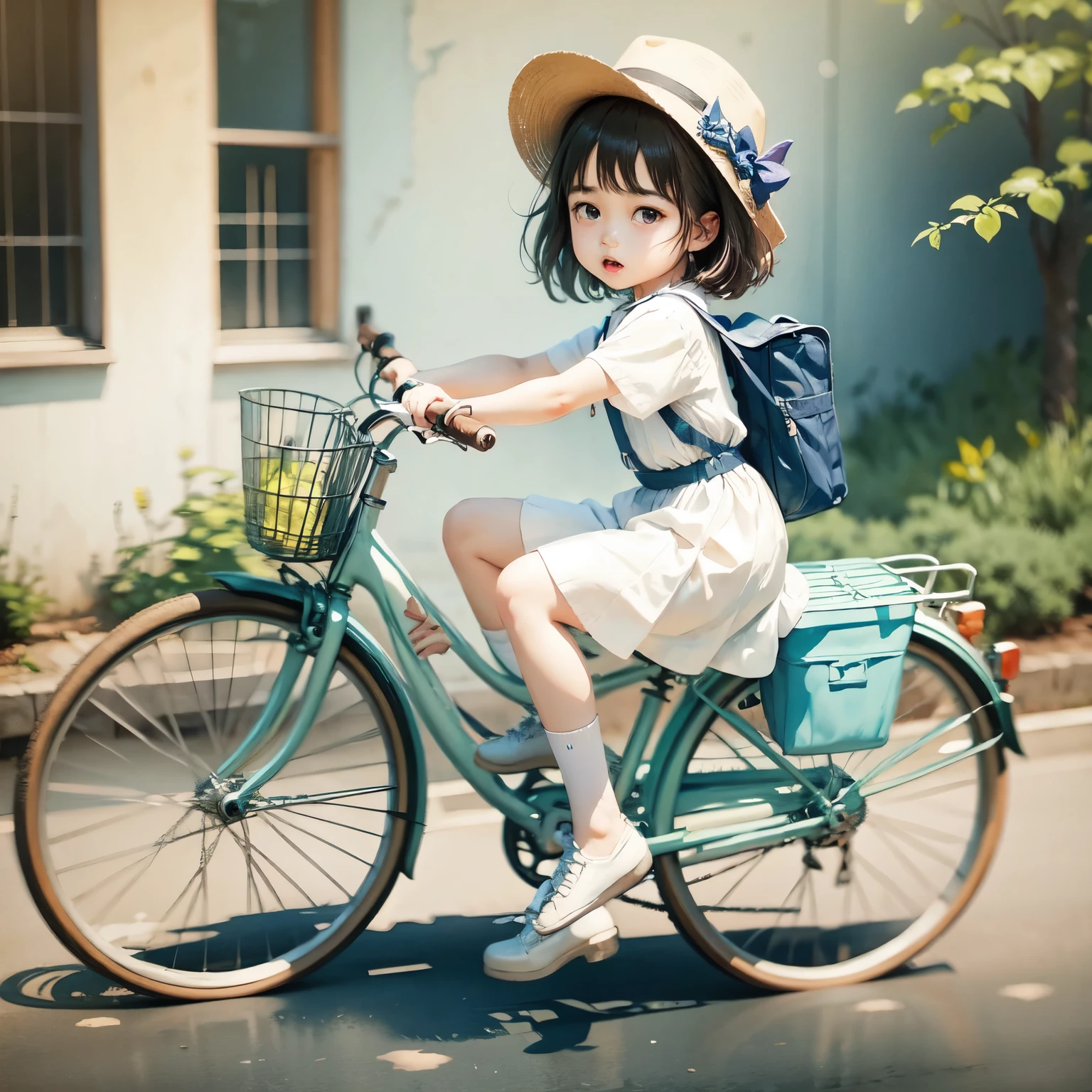 ((Watercolor of singer Sargent))、(Children's paintings)、(A 5--old l riding a bicycle)、Small and cute、(Children's bicycles、whole)、(From the side)、(Cute Face)、short hair、White Dress、shoes、(Helping Dad)、(No background)、White Background、Blur the background、(Highest quality、masterpiece)、