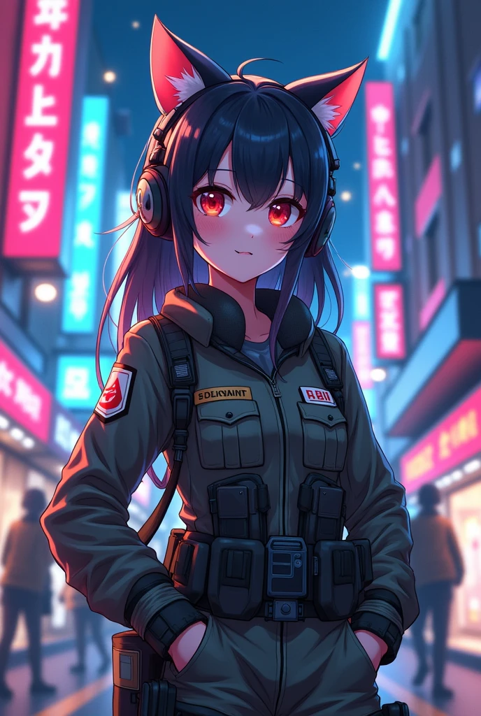 Cat-eared Self-Defense Force girl with headphones and large breasts