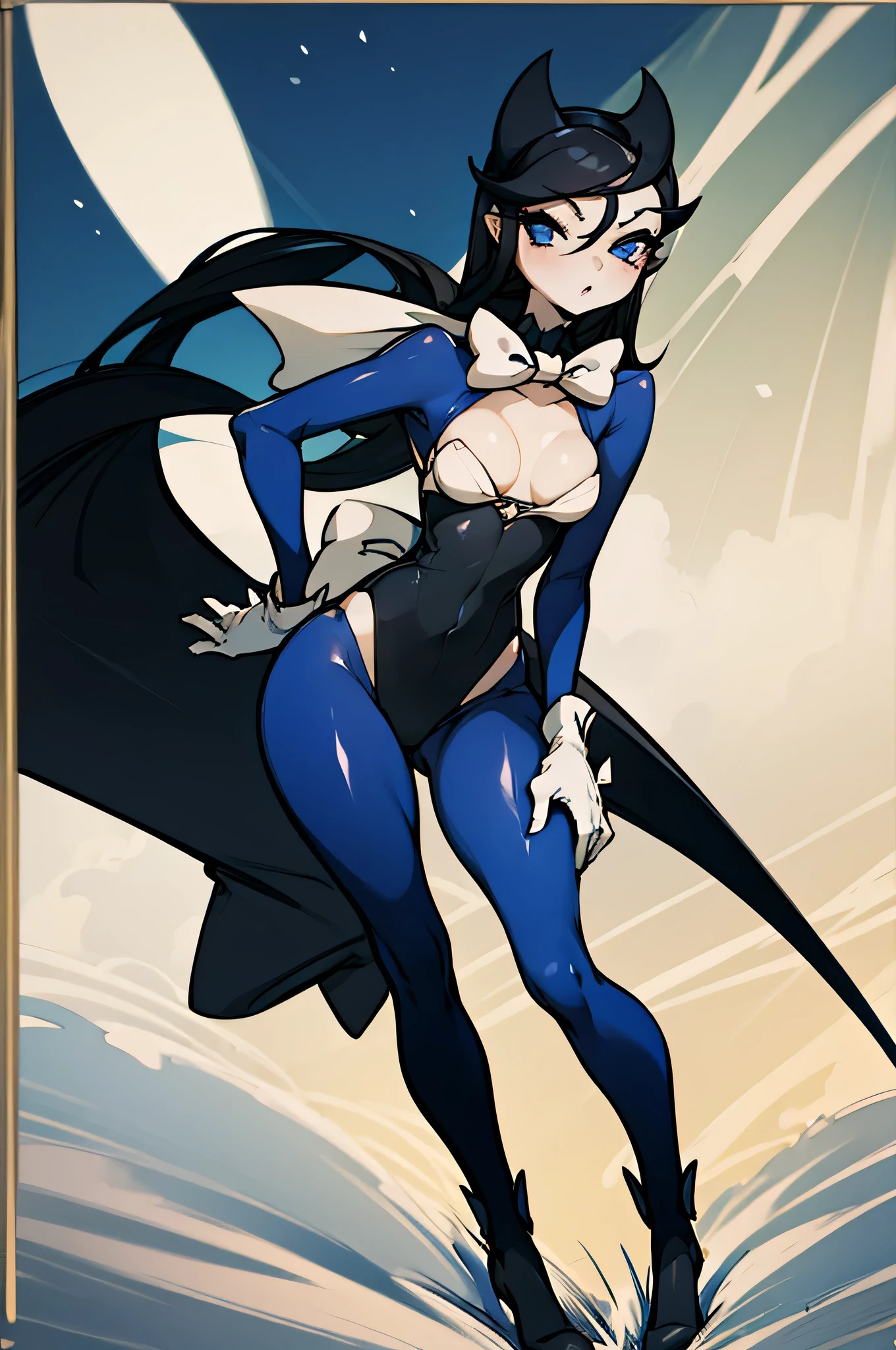 Fembendy, 1girl, sexy, solo, small breasts, long hair, black hair, blue eyes, standing, full body, white gloves, white bowtie