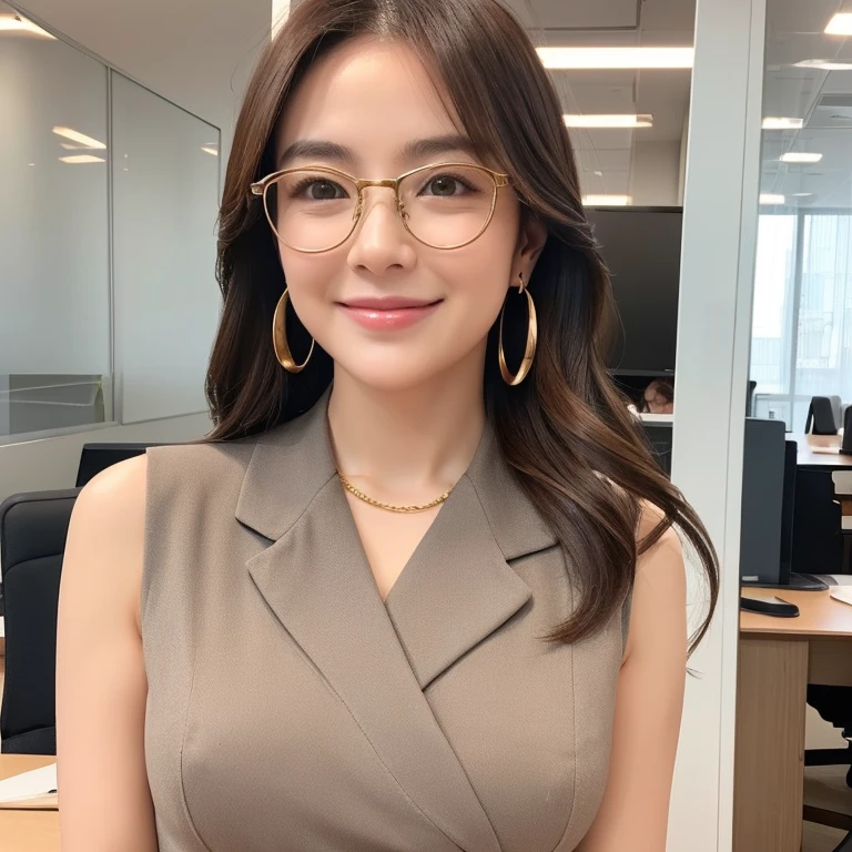 Generate realistic images of professional businesswomen in a modern office environment。Smooth, shoulder-length dark brown hair with subtle highlights、She wears stylish glasses with thin frames.。She was wearing a fitted, sleeveless grey wrap dress.、She accessorizes with gold earrings and a matching watch.。Holding a brown clipboard on his chest、A warm and confident smile。The bust is small。In the background、Natural light coming in through large windows、Modern Office Furniture、And you'll see a clean and organized workspace.。With a knee-high frame、Photograph from the front so that the person's facial expression can be seen。