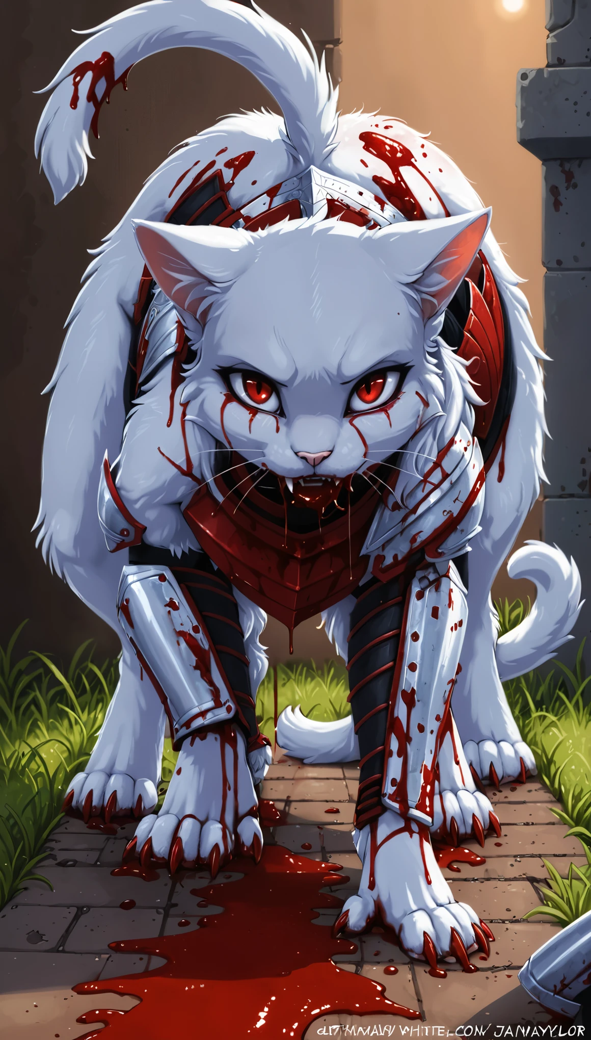 back view, best quality,  full body portrait, wide shot, 

Vicious white cat，Dark red eyes，Extreme body detail close-up,White fangs,Sharp claws，Lie on the ground，blood-stained armor,The armor is tattered,Blood dripping,Blood dripped from the corners of the mouth,True blood,Full body like,Prepare to pounce

[by Alex Timmermans:by jaynaylor:0.25],
detailed background, detailed foreground, depth of field, ambient silhouette, backlighting,

