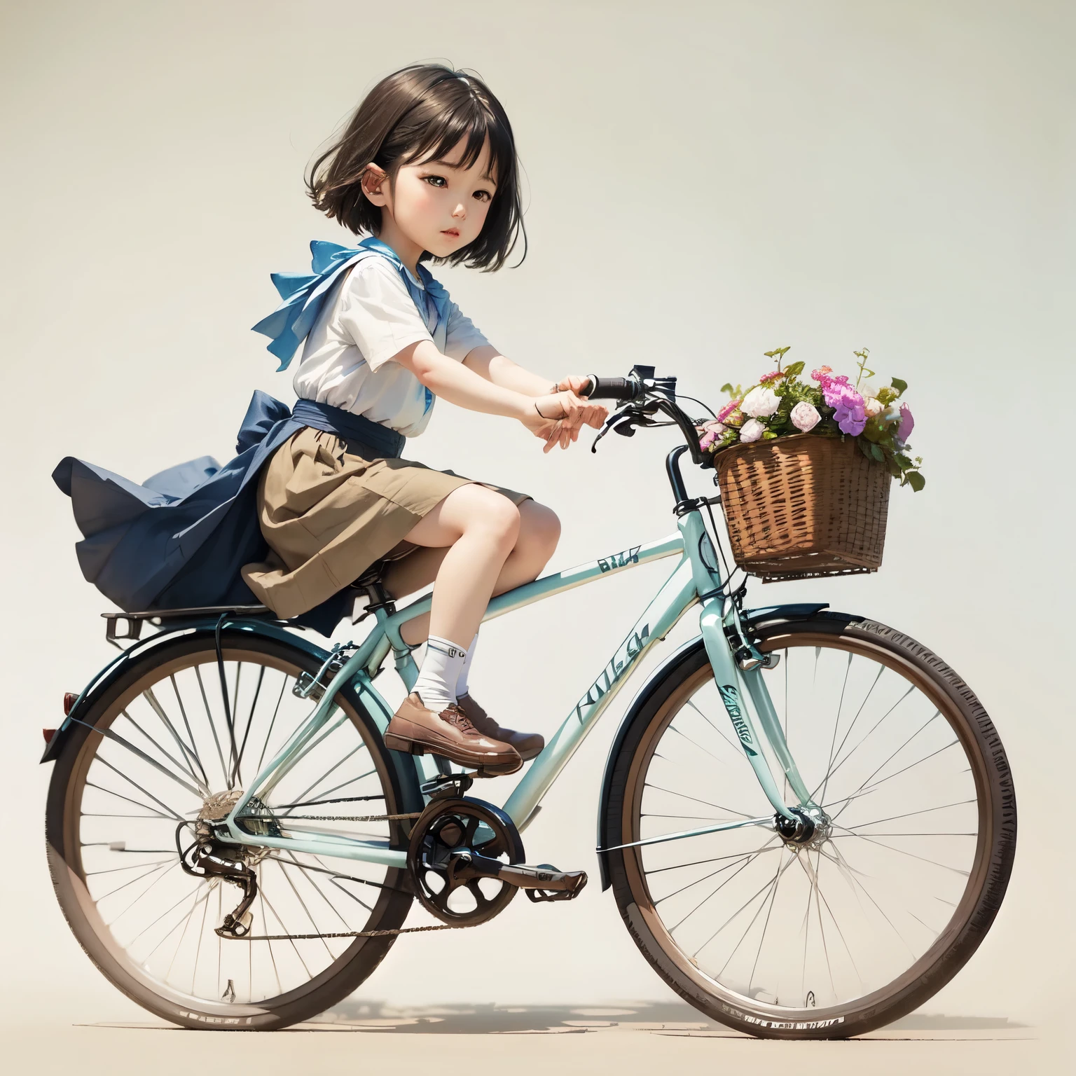 ((Watercolor of singer Sargent))、(Children's paintings)、(A 5--old l riding a bicycle)、Small and cute、(Children's bicycles、whole)、(From the side)、(Cute Face)、short hair、White Dress、shoes、(Helping Dad)、(No background)、White Background、Blur the background、(Highest quality、masterpiece)、