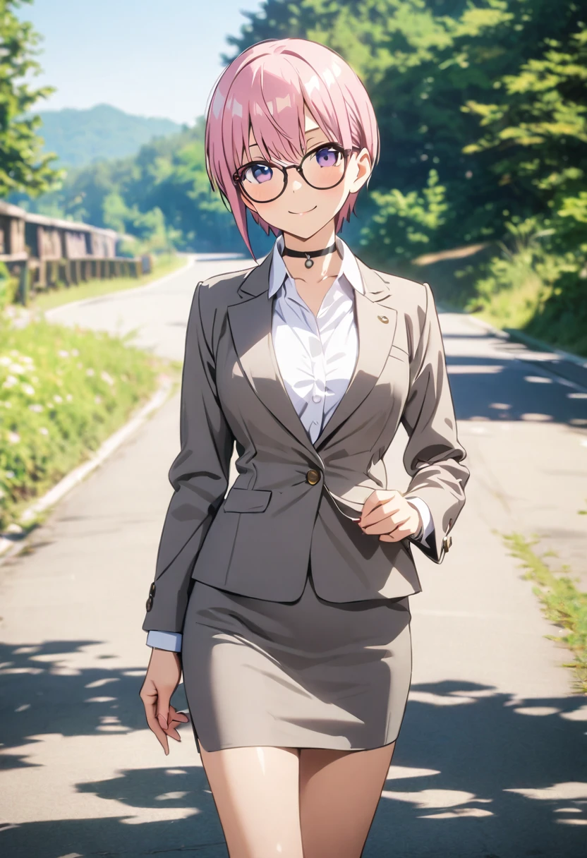 (Highest quality, 4K, 8k, High resolution, masterpiece:1.2), Very detailed, Picturesque, Anime style photo, Photo Anime:1.37)、Japanese、(Pink hair)、(pixie cut)、smile、Black choker、bespectacled、round glasses、Business Backpac、black high heels、white collared shirt、gray jacket、gray pencil skirt、whole body、Nakano Ichika
