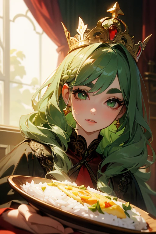 (Highest quality, masterpiece:1.2), High resolution, Very detailed, Realistic:1.37, Fantasy, An illustration, Green Eyes、Queen, Red lace dress.Platinum decoration、beautifully、Eyeshadow Red、Thick eyebrows、Long eyelashes、pupils are black、Her hair is dark green、Gold crown、Kissing Face、Embarrassing、Beloved by the crowd、Hair is green、Braiding、hair ornaments、((Eat omelet rice))