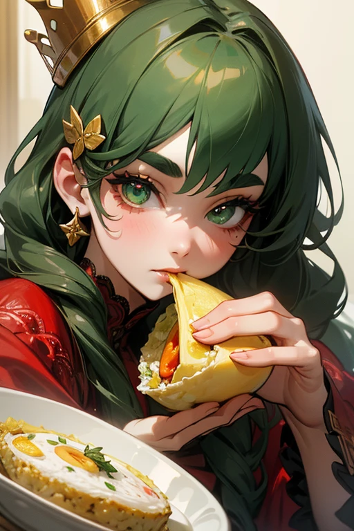 (Highest quality, masterpiece:1.2), High resolution, Very detailed, Realistic:1.37, Fantasy, An illustration, Green Eyes、Queen, Red lace dress.Platinum decoration、beautifully、Eyeshadow Red、Thick eyebrows、Long eyelashes、pupils are black、Her hair is dark green、Gold crown、Kissing Face、Embarrassing、Beloved by the crowd、Hair is green、Braiding、hair ornaments、((Eat omelet rice))