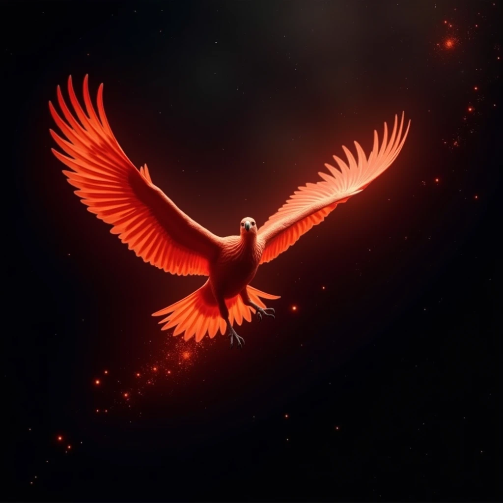 A Big red bird flying in a black scene 