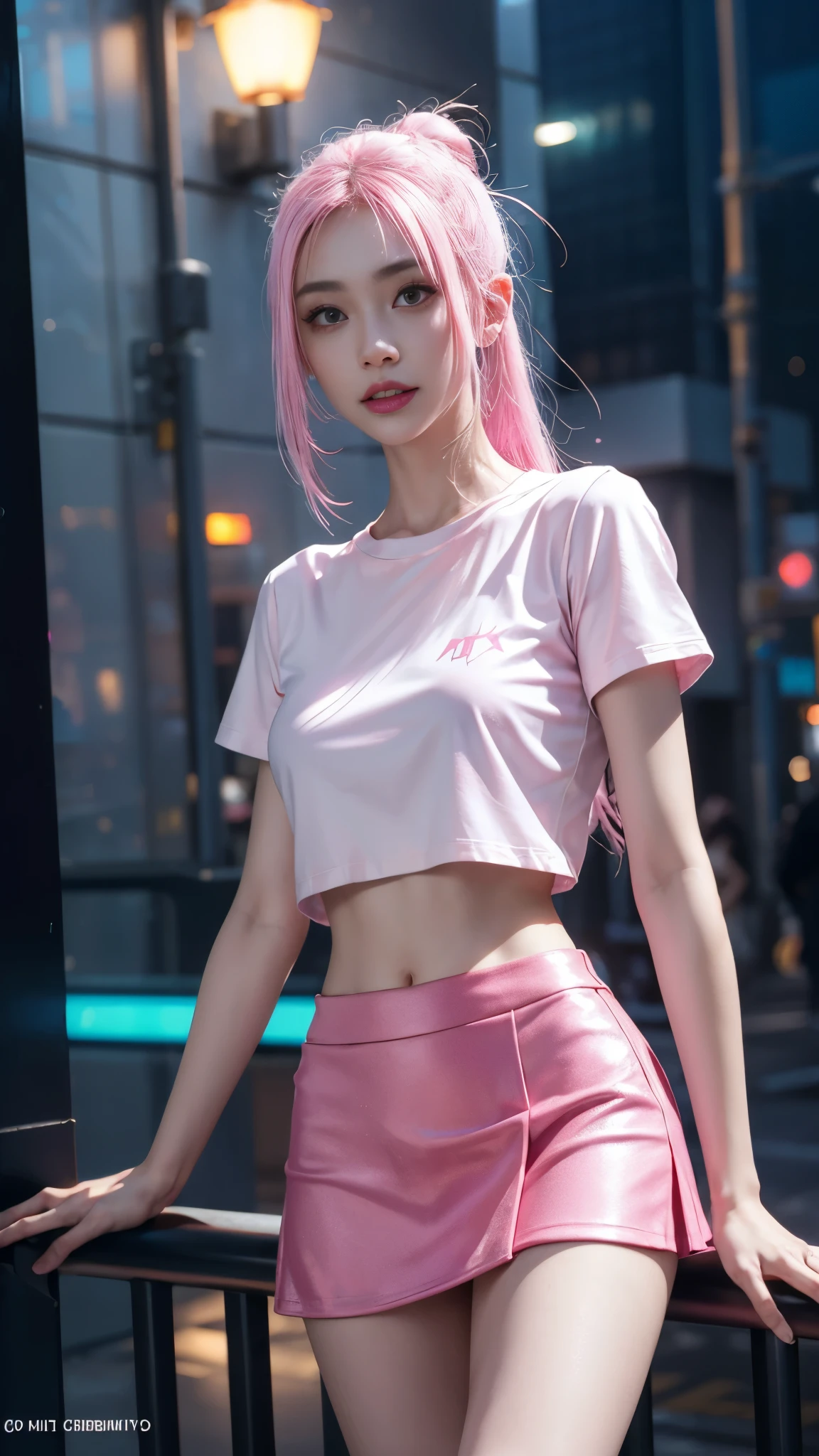 (hyperrealistic), (illustration), (high resolution), (8K), (extremely detailed), (best illustration), (beautiful detailed eyes), (best quality), (super detailed), (masterpiece), (wallpaper), (detailed face), solo, 1 girl, white wavy hair, korean, heterochromic eyes, small moles under the eyes, pink t-shirt top, black yoga pants underneath, long legs, tight abs, no chest leakage, background street, standing