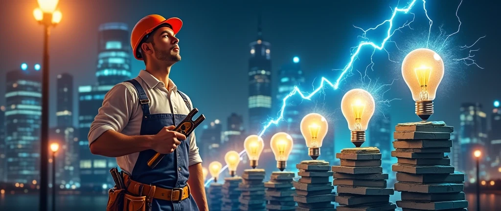 Create a YouTube cover with an electrician holding pliers in his hand, some lightning bolts, light bulbs, and looking at a graph of stacked money going up in the size 1456x423 for a YouTube profile cover