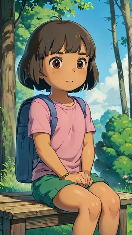 (8k),(masterpiece),(1girl),(Misty),From the front,focus on upper body,symmetrical composition,StudioGhibliStyleHMC,forest, outdoor,, ghibli background,1girl, dora, child, pink shirt, shorts, bracelet,backpack, sitting on bench, brown eyes, flower, dark-skinned female, (tan), bob cut, 