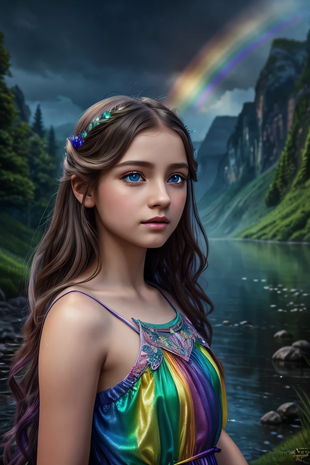 1girl, rainbow, by mitsudoue, beautiful detailed eyes, beautiful detailed lips, extremely detailed eyes and face, long eyelashes, beautiful young girl, rainbow dress, ethereal, fantasy, magical, vibrant colors, soft lighting, cinematic, dramatic atmosphere, detailed background, nature landscape, digital painting, highly detailed, 8K, photorealistic, masterpiece, intricate details