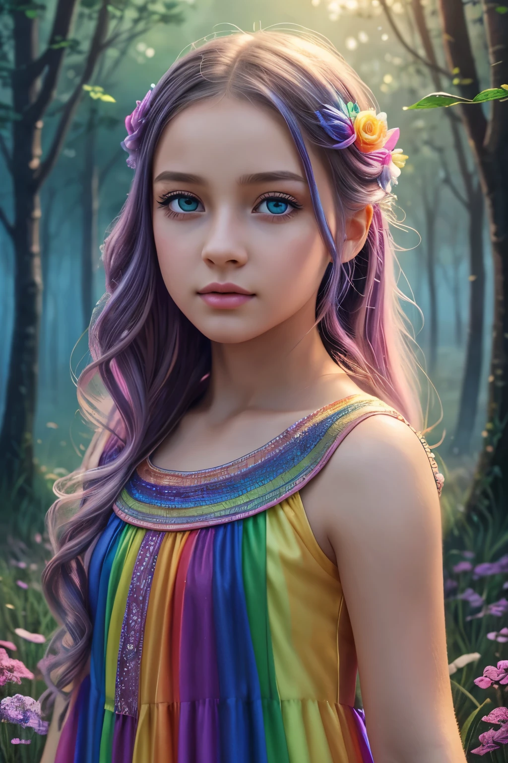 1girl, rainbow, by mitsudoue, beautiful detailed eyes, beautiful detailed lips, extremely detailed eyes and face, long eyelashes, beautiful young girl, rainbow dress, ethereal, fantasy, magical, vibrant colors, soft lighting, cinematic, dramatic atmosphere, detailed background, nature landscape, digital painting, highly detailed, 8K, photorealistic, masterpiece, intricate details