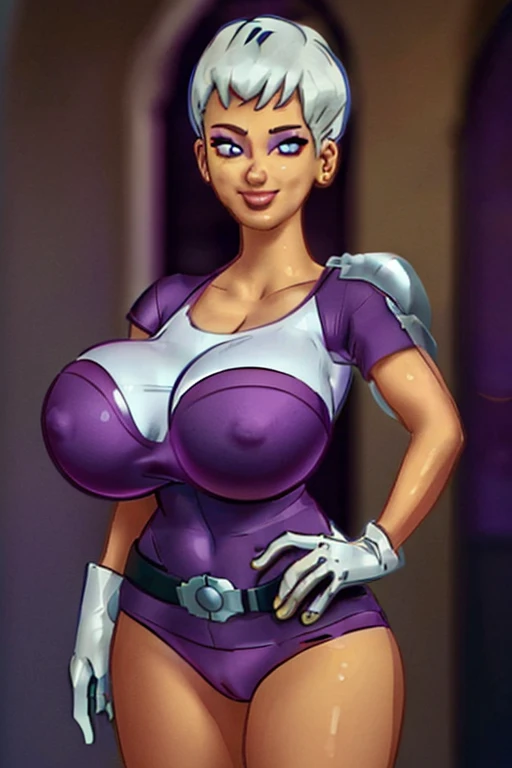 (masterpiece:1.2), best quality, high resolution, unity 8k wallpaper, (illustration:0.8), (beautiful detailed eyes:1.6), extremely detailed face, perfect lighting, extremely detailed CG, (perfect hands, perfect anatomy), cheelai, green skin, smile,
purple bodysuit, short sleeves, purple shorts, belt, armor, white gloves, huge breasts, cowboy shot, tight armor