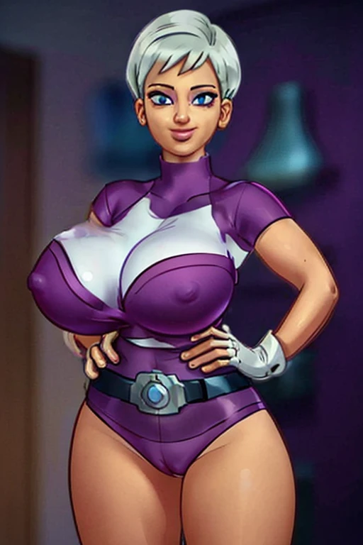(masterpiece:1.2), best quality, high resolution, unity 8k wallpaper, (illustration:0.8), (beautiful detailed eyes:1.6), extremely detailed face, perfect lighting, extremely detailed CG, (perfect hands, perfect anatomy), cheelai, green skin, smile,
purple bodysuit, short sleeves, purple shorts, belt, armor, white gloves, huge , cowboy shot, tight armor