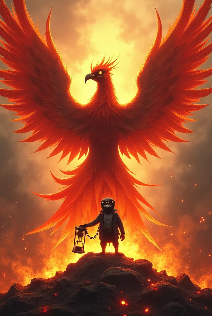 

It's supposed to be a phoenix, the wings come over the shoulder to the front. 



In the ashes I want to see Eddy, the band&#39;s mascot. Eddy has an hourglass on a chain in his hand..