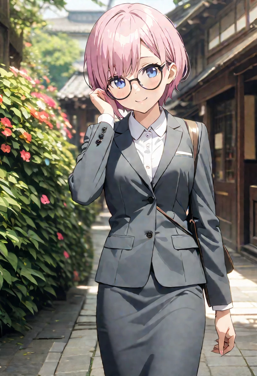 (Highest quality, 4K, 8k, High resolution, masterpiece:1.2), Very detailed, Picturesque, Anime style photo, Photo Anime:1.37)、Japanese、(Pink hair)、(pixie cut)、smile、Black choker、bespectacled、round glasses、Business Bag、black high heels、white collared shirt、gray jacket、gray pencil skirt、whole body、Nakano Ichika