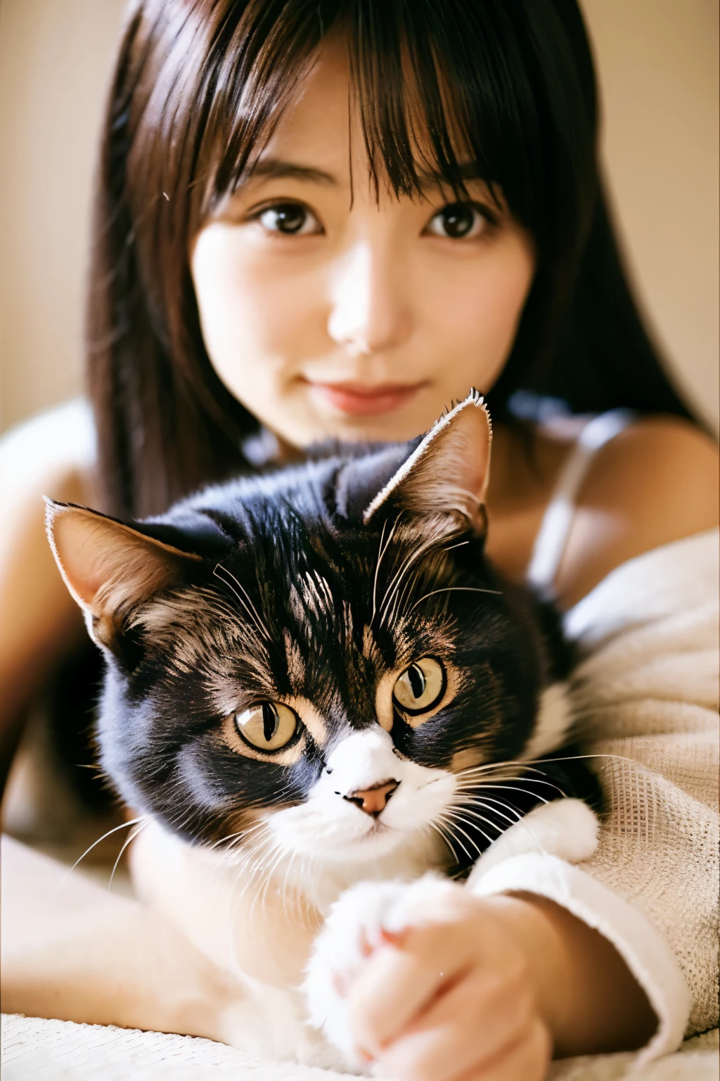 A super beautiful Japanese woman playing with a kitten