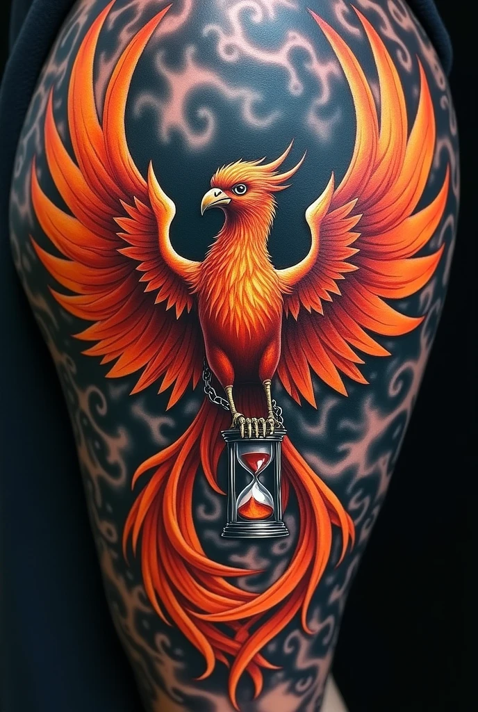 It's supposed to be a phoenix, the wings come over the shoulder to the front.
I have to say this tattoo is for my deceased dad. He was a huge Iron Maiden fan.
In the ashes I want Eddy to be seen, the mascot of the band, and my dad. It's hard to write.
Eddy has an hourglass on a chain in his hand.