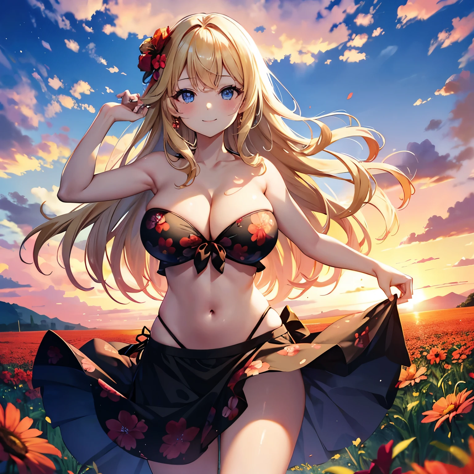 A woman, large breasts, cleavage, big ass, bare stomach, strapless bikini, skirt with flower patterns, red flower pin, sunset, outside, flower field, smile, blond hair, blue eyes.