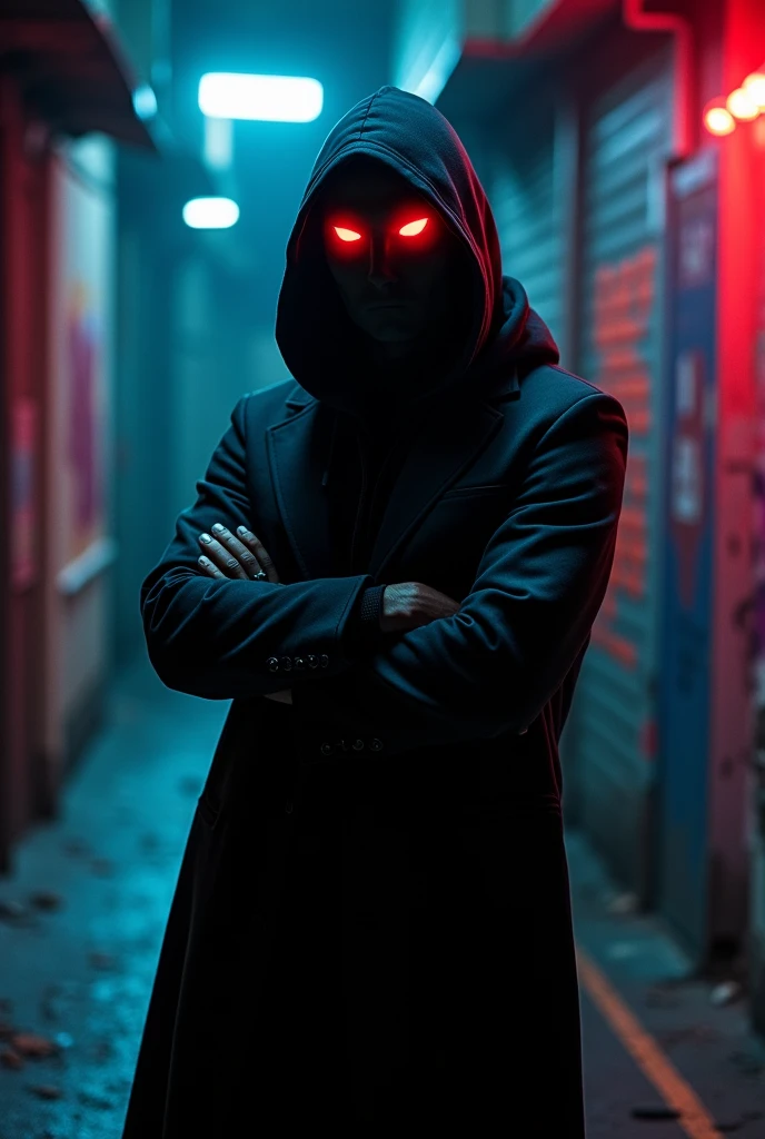 a male character, dark, with red neon eyes, completely dark face, with an overcoat , crossed arms, just from the waist up, in a hoodie