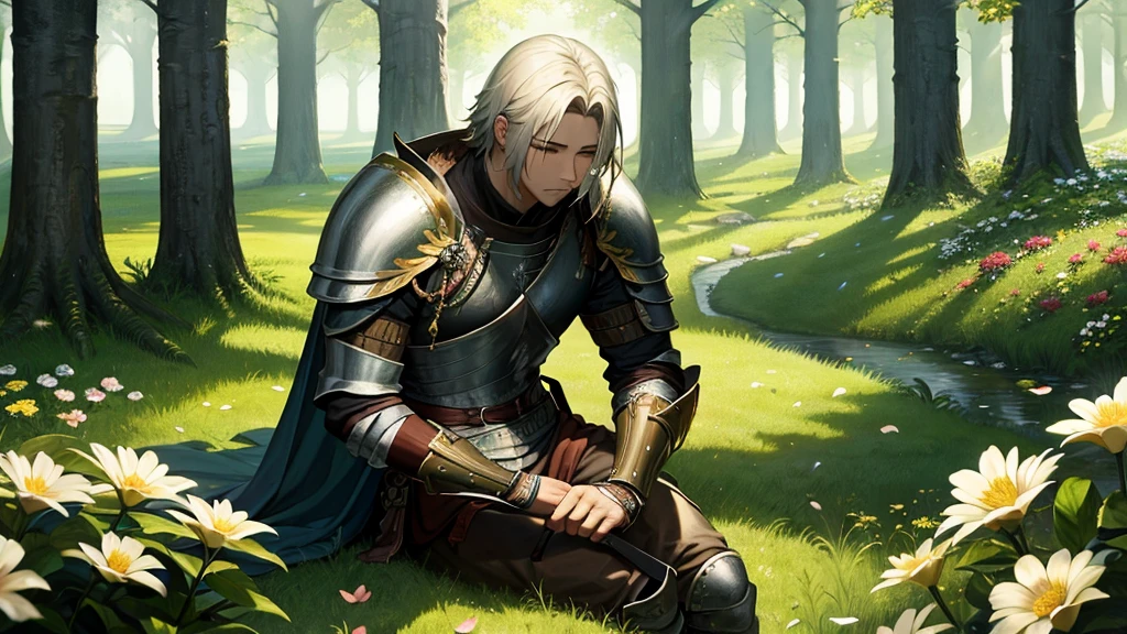 medieval warrior in armor, Grieving, sitting in nature, with trees around, flowers