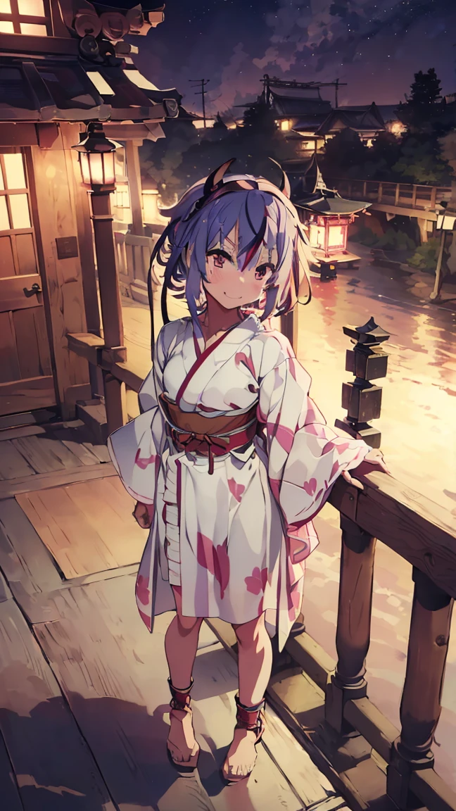 masterpiece, Highest quality, High resolution, Very detailed,(((Mikoto Naruka))), (((smile)))、(((Standing in the distance))), (((yukata))), (((On Bridge))), (((Red railing))), (((Lantern))), (((night))), (((Multicolored Hair))), (((horn))), (((Pink Eyes)))