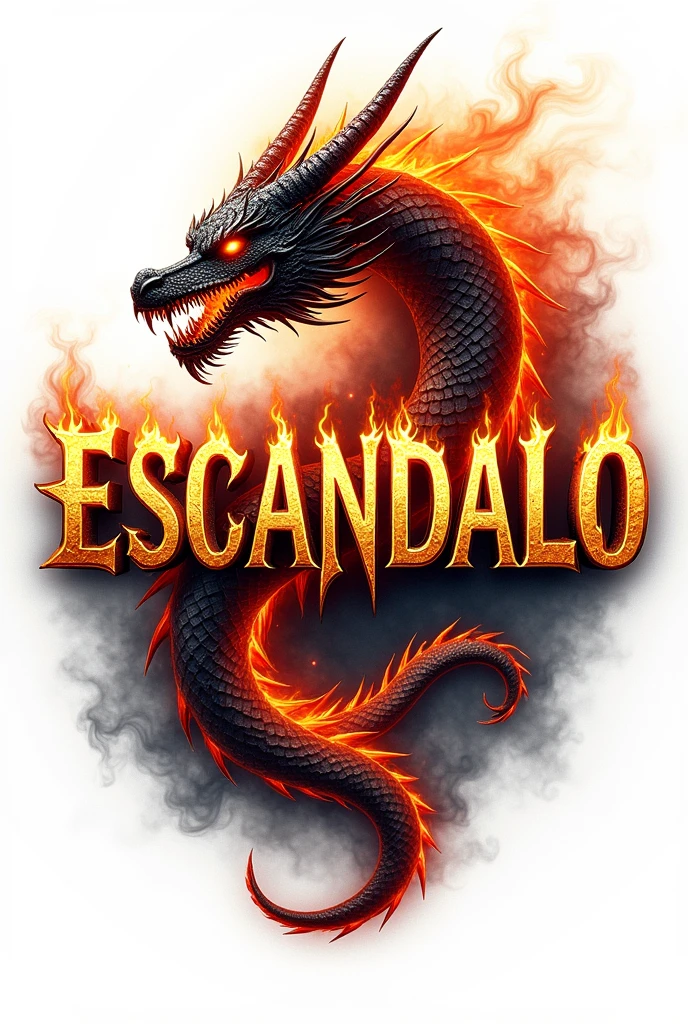 Logo for a musical group called “ESCANDALO” letters covered in fire and with a dragon, Base colors like gold, black and white