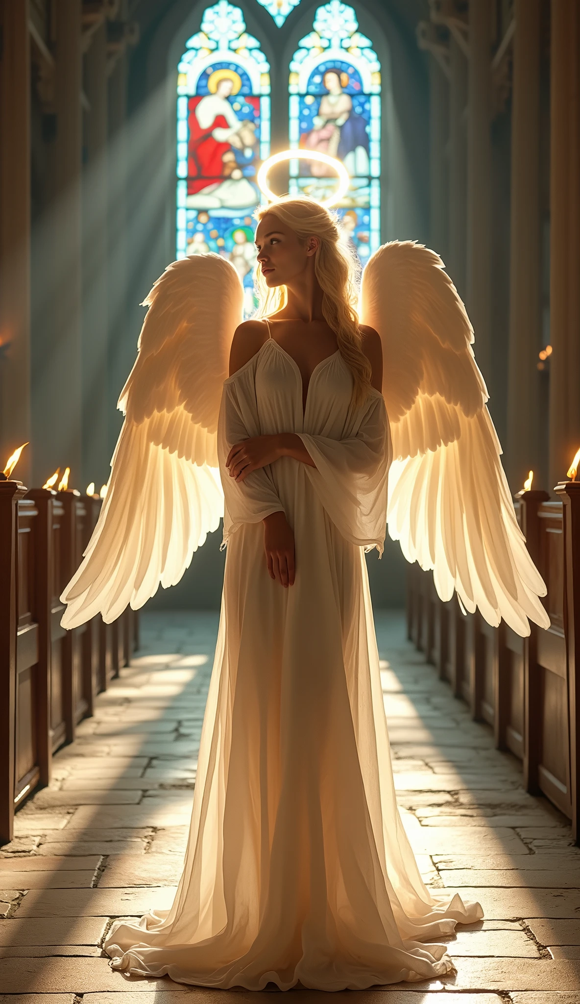 Beautiful female angel, Halo, Looking at me kindly, Chapel, Stained glass