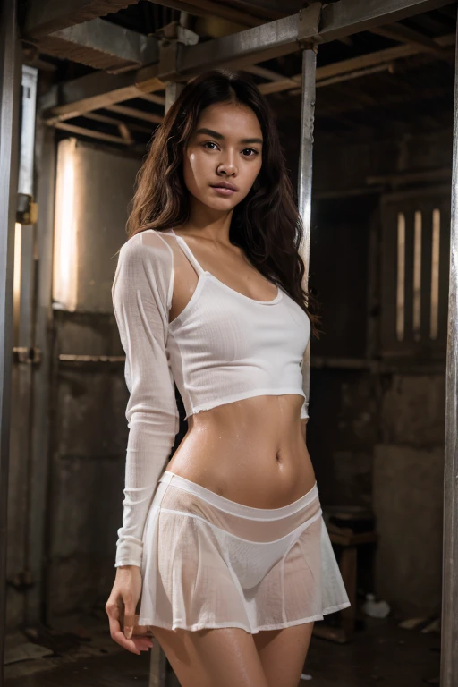 Young sweet beautiful Indonesian girl being kidnaped, 24 years old, slim body, bright beautiful eyes, georgeus face, pale skins, nate  wavy black  short hairs, wearing wet  long sleeve unbuttoned thin jacket, wearing wet white see through transparent tank top strict t-shirt, wearing wet white  very low waist   lace panty, wearing white thin  long skirt,  whte bra, realistic, very detail, no cartoon, all fingers have normal shape, dense long  curly hairs under her stomach exposed through her panty, standing straddeled spreading very wide legs, in the steel jail bars  in under ground room, both her hands are bonded up, worrying face, crying for mercy,