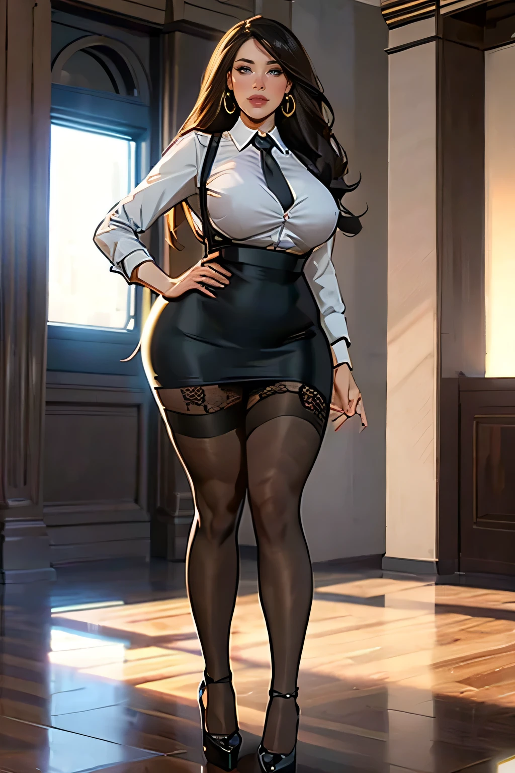 masterpiece, best quality, full body standing, secretary, mini pencil skirt, extremely busty, lace black stockings, platform pumps, asian, extremely long legs, lewd, ch3rryg1g, large breasts, hoop earrings, thicc, raytraced, realistic lighting, moist