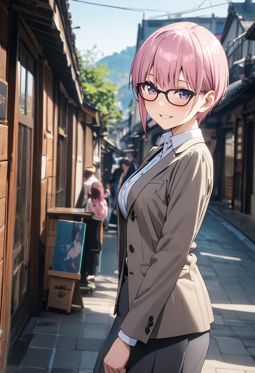 (Highest quality, 4K, 8k, High resolution, masterpiece:1.2), Very detailed, Picturesque, Anime style photo, Photo Anime:1.37)、Japanese、(Pink hair)、(pixie cut)、smile、Black choker、bespectacled、square glasses、Business Backpac、black high heels、white collared shirt、gray jacket、gray pencil skirt、whole body、Nakano Ichika