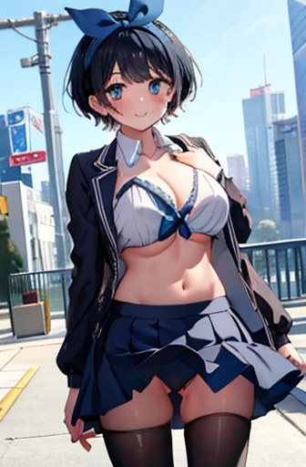 Main Piece、high quality、High resolution、1 person,single, ruka sarashina、jewelry、skirt、Sailor uniform with a revealing neckline、ネイビーのプリーツskirt、Black Hairの女性、short hair、Black Hair、Black Pantyhose, blue eyes, Long sleeve,, bow, bow, Blue hair band, bangs, Large Breasts, Cleavage, Medium Waist, Medium Hips, wide thighs, cowboy pictures, smile, attractive, Embarrassing, blush、city、A large number of people、crowd, Looking at the audience,From below、Low Angle,とてもLarge Breasts、Cleavage、Very good、No pants、No pants、非常に短いskirt、Nipples、Nipplesを出す、Nipplesからミルクが吹き出す、Nipplesからミルクが滴る