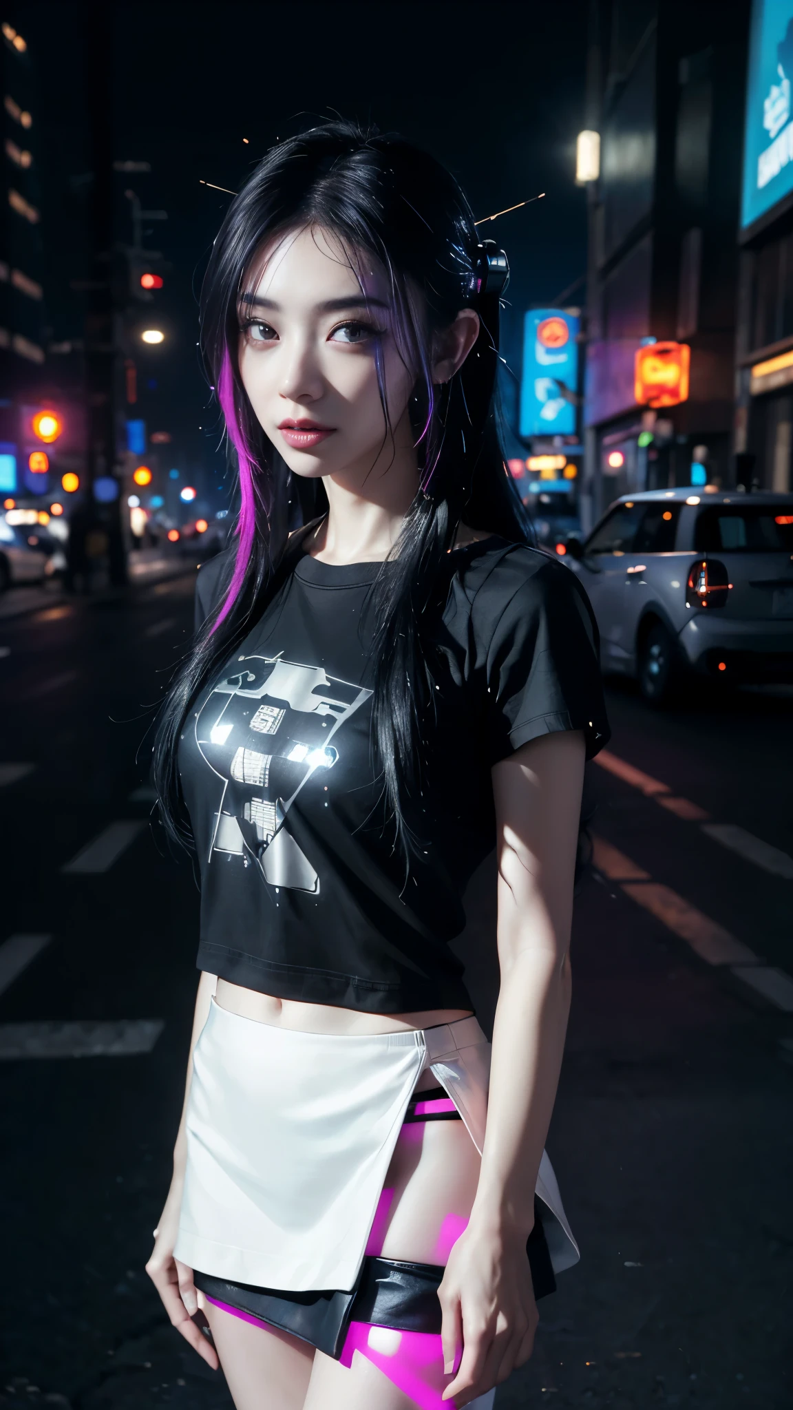 8k, UHD, masterpiece, 1 girl, ((good face)), very long hair, light makeup, (white skin:1.2), detailed eyes, small bust, simple cyberpunk clothing, ((black t-shirt)), ((mini skirt)), (cyberpunk lighting:1.4), (building roadside), light effect, light reflection, ((spreading lights)), cyberpunk, cybercity, futuristic, (night), ray tracing, bloom, perfect pose,