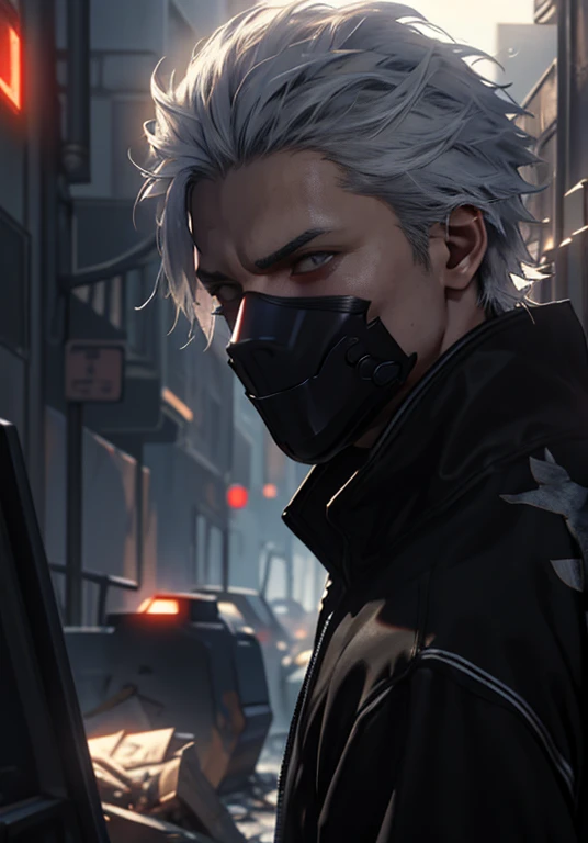 ultra detail, high resolution, ultra detailed, best quality, amazing, top quality, extremely detailed CG 8k wallpaper unit, cinematic lighting, cyberpunk, dark boy, trash gang face mask, 18 white haired boy, blind with a black bandana covering his eyes