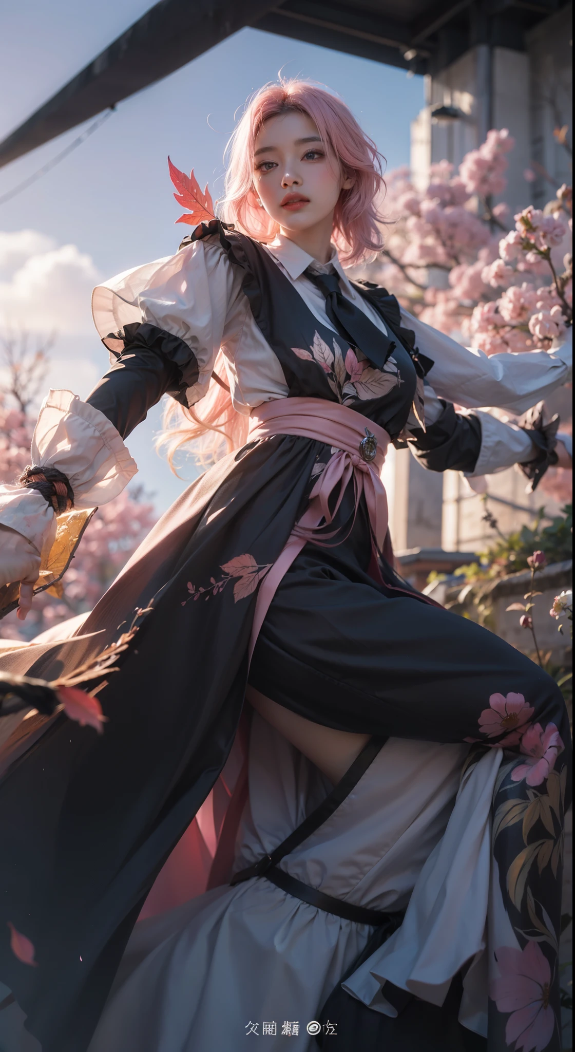 Light pink hair, pink eyes, pink and white, sakura leafs, vivid colors, white dress, paint splash, simple background, ray tracing, wavy hair