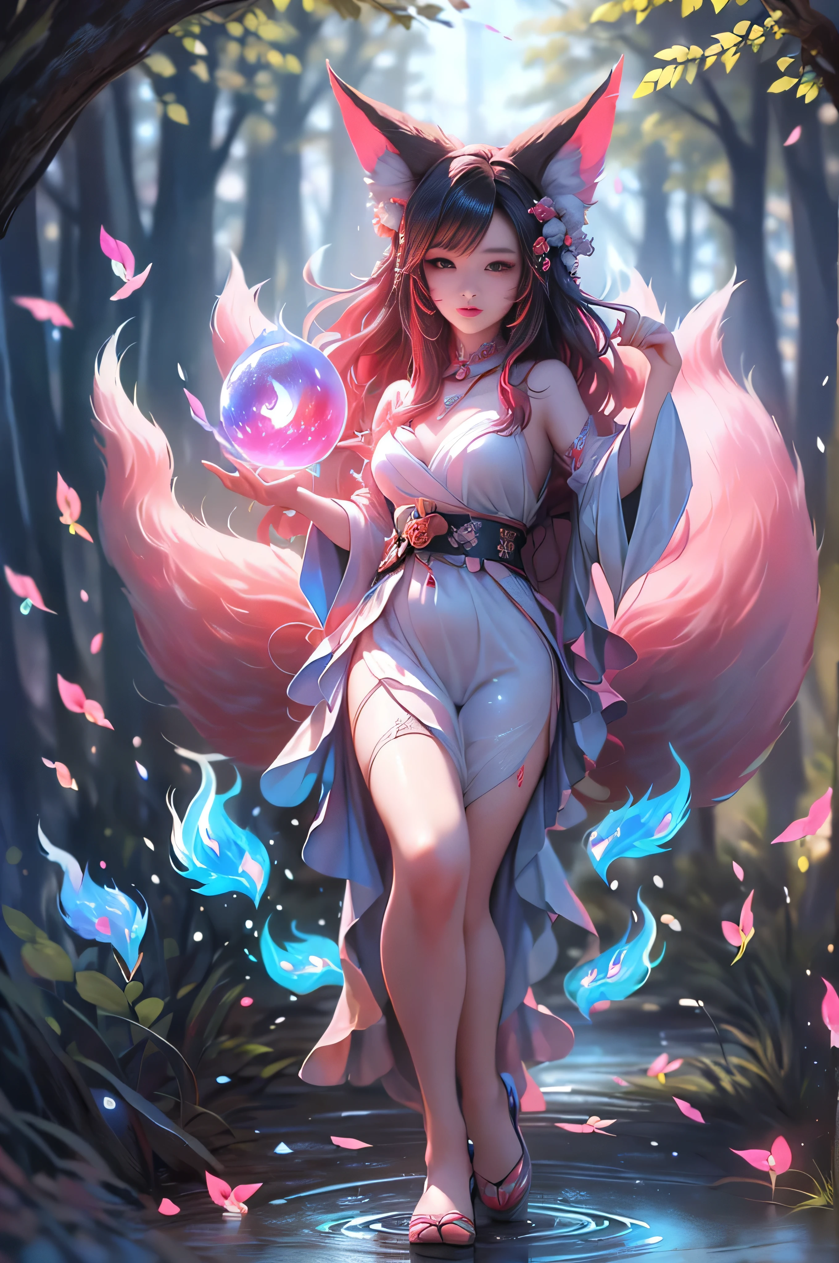 Masterpiece, Extremely detailed,best quality, photorealistic, full body shot, (A beautiful kitsune woman with black hair and black tails, walking in a rainy forest holding a small ball of blue fire), facing viewer, dynamic pose , fox ears, nine fox tails, traditional Japanese clothing.