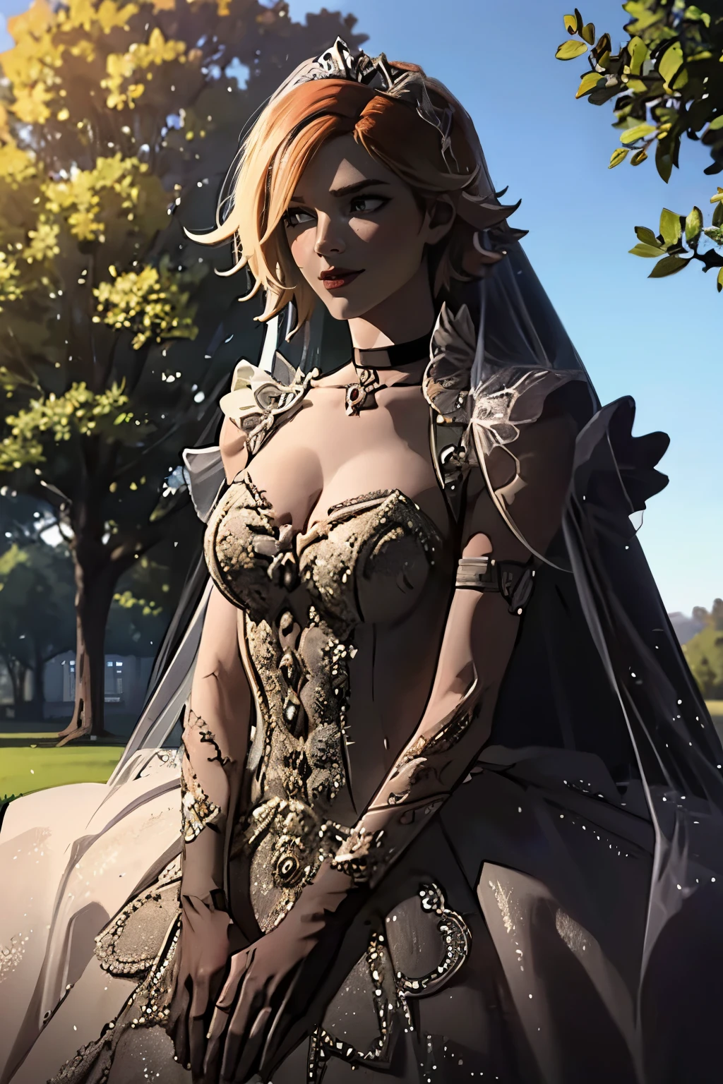 Lilith Borderlands, hair between eyes, ahoge, blonde hair, star \(symbol\), hair ornament, ruffled tulle dress, cleavage, bare shoulders, collarbone, long black elbow gloves, black gloves, black dress, black choker, strapless, tiara, veil, strapless dress, princess dress, veil, beautiful woman, perfect body, perfect breasts, wearing a princess dress, ball gown, in the park trees, wedding decorations, a warm smile, realism, masterpiece, textured skin, super detail, high detail, high quality, best quality, 1080p, 16k