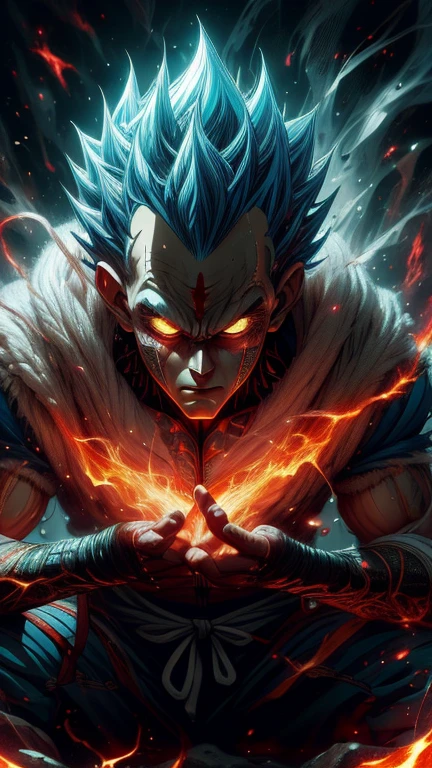 (Aesthetics, Hi-Res: 1.2), Get ready for a visual feast with Vegeta, solo, brilliant blue hair and tattoos, a creature with a handsome face and piercing golden eyes . In his transformed state, he radiates extreme instinct and power, creating an epic animation of this energetic man. fire and lava in stunning anime artwork that will leave you in awe. This concept art comes straight from the Bleach Universe, with manga-style 8k wallpapers that will transport you to another dimension. Prepare to be amazed by this detailed work of digital anime art, representing the ultimate combination of style and power.