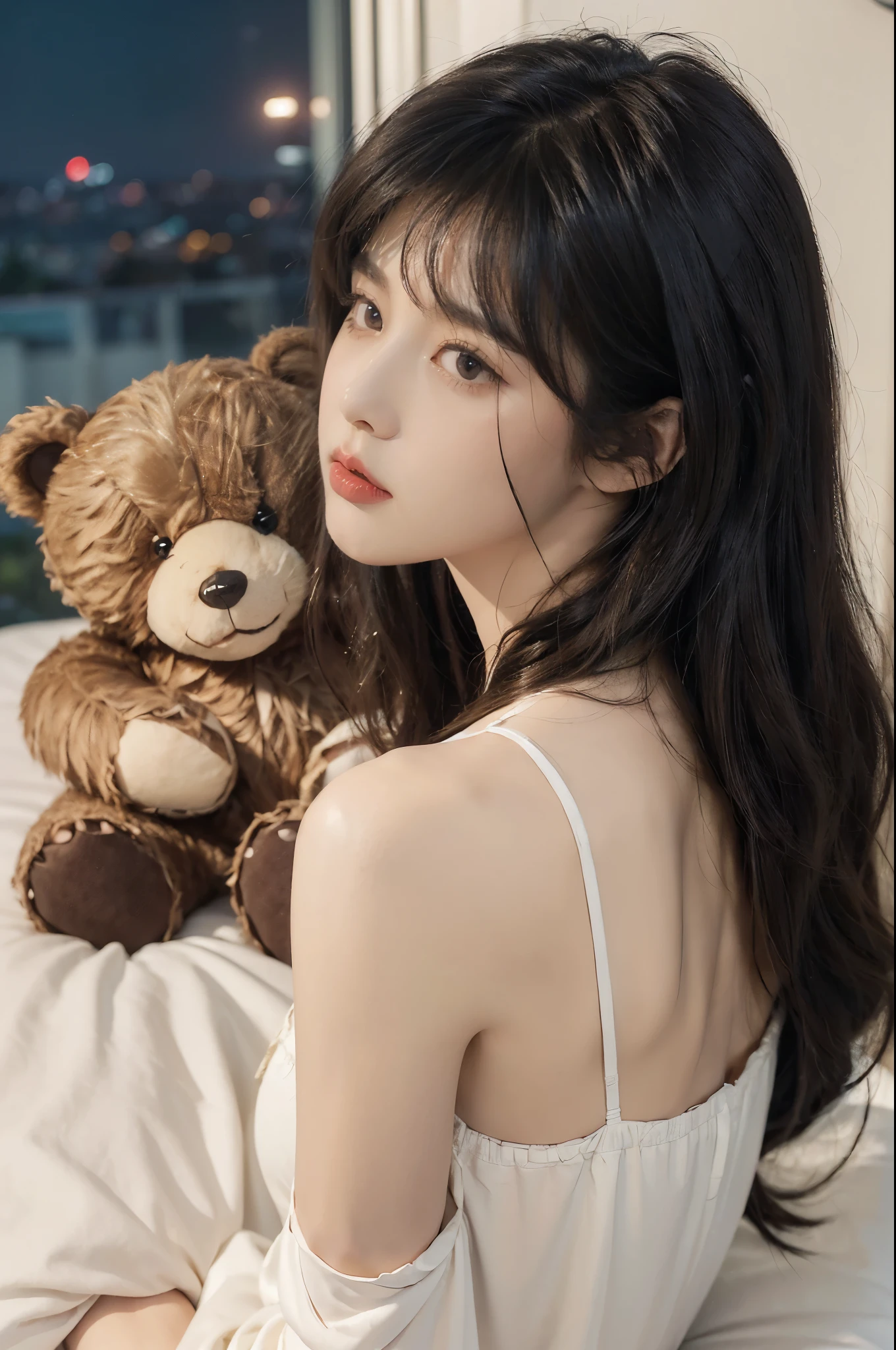 Close-up of a woman lying on a bed with a purple-eyed teddy bear, korean girl, beautiful south korean woman, gorgeous young korean woman, beautiful young korean woman, korean woman, beautiful Asian girl, jaeyeon nam, young and adorable korean face, Young cute pale asian face, jinyoung shin, Asian girl, heonhwa choe, pale korean adorable face