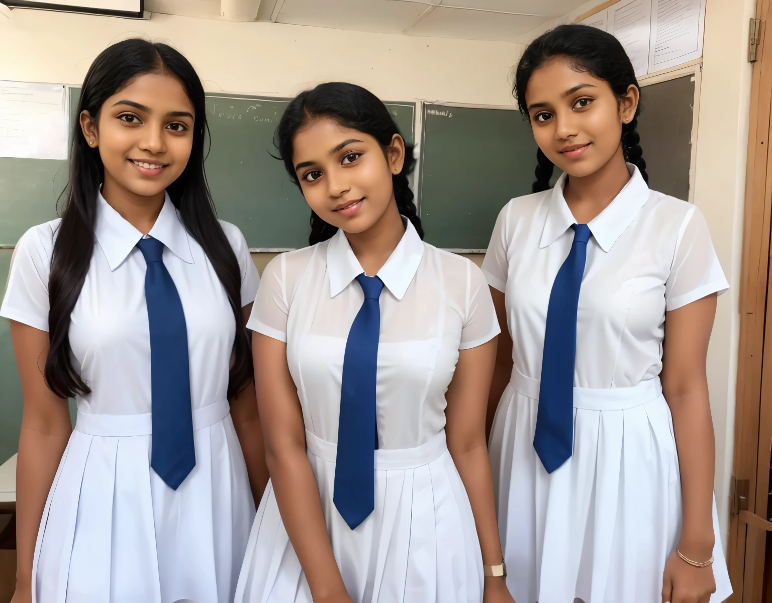 Srilankan school girl , school white frock,in the classroom with four friends , looking at the viewer , frock , wearing white vest camisole as a undergarment