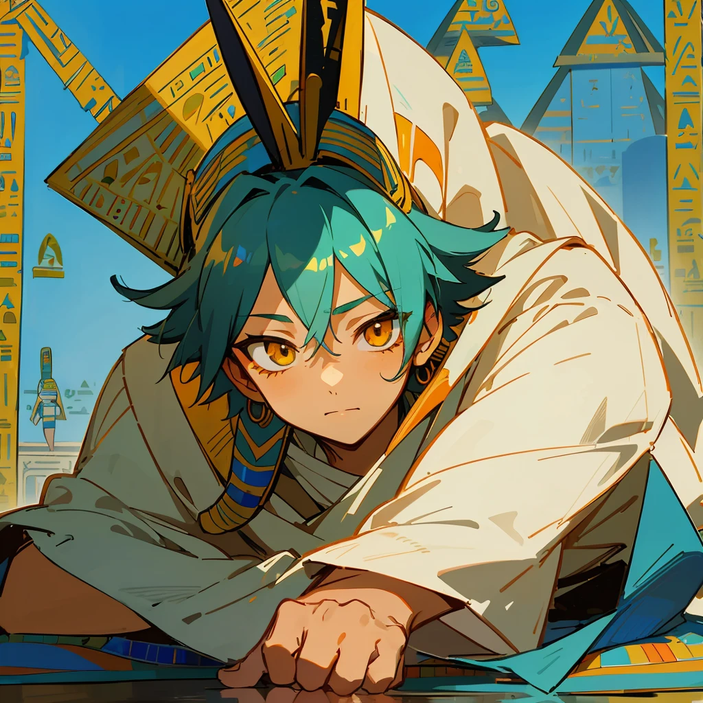 1 boy, Turquoise hair, orange eyes, Arabian style, handsome, , orange eye liner, soft smile closing eyes, ancient Arabic clothes, Arabian nights, ((((Egyptian style)))), solo