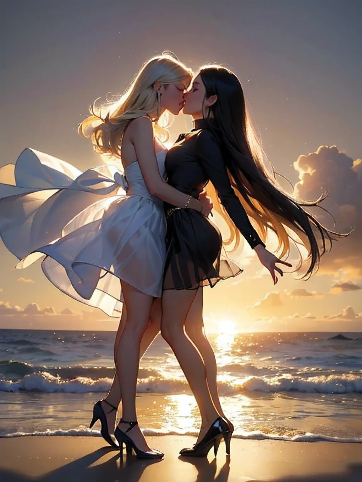 (realistic photo:1.37), Beautiful face profile, Summer sea evening sunset, Sunset overlap the person, The sunset is reflected on the sea surface, (Dazzling sunset:1.4, beautiful evening sunset:1.3), 2 womens on the beach, Two beautiful women are about to hug each other's waists and kiss, (Lens Ghosting:1.5, lens flare:1.2, Octagon-shaped lens ghost), Fiery Horizon, (String of saliva:1.2), sensual, (Silky platinum blonde Hair:1.2), (The other one woman ultra Shiny straight black hair:1.3), ((Natural backlighting:1.4)), detalhes faciais, ((one woman wears lace tiered mini skirt and sheer white Summer clothes)), ((The other woman wears a sheer tulle skirt and Sheer Summer Dresses)), (making a kissy face:1.2), ((full body view:1.2)), very beautiful face, A well-balanced face profile, blonde girl and Black Hair girl, erotic a look, Highly detailed face, Slightly slimmer body, Realistic Skin, 
BREAK. masterpiece, ultra high resolution, high definition RAW photograph, Highly detailed CG, best quality, 4K, perfect anatomy, perfect proportions, Romantic Landscape, Sparkling sea, Accurate limbs, Back blur, Hand details, finger details, Slightly large butt, erotic body