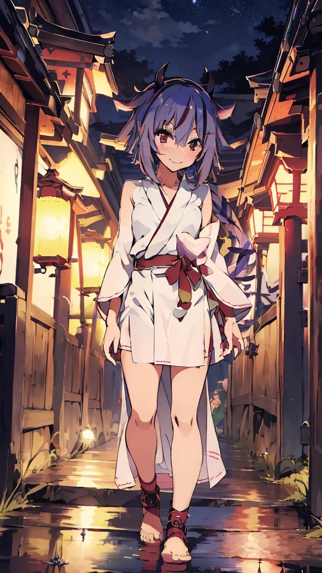 masterpiece, Highest quality, High resolution, Very detailed,(((Mikoto Naruka))), (((smile)))、(((Standing in the distance))), (((yukata))), (((On Bridge))), (((Red railing))), (((Lantern))), (((torii))), (((night))), (((Multicolored Hair))), (((horn))), (((Pink Eyes)))