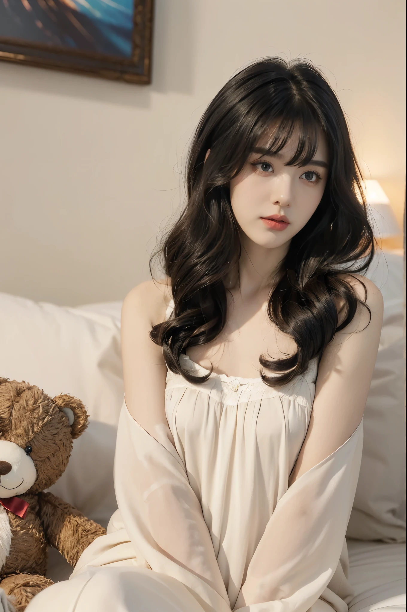 (((best quality))),(((ultra detailed))),(((masterpiece))),illustration,((1 beautiful girl,solo)),(((straight black hair,thick bangs))),(round face:1.5),((slim,thin)),(flat chest:1.3),(slender legs:1.2),(sitting:1.3),(in bedroom:1.3),(night scene:1.3),(on bed:1.3),(flowing nightgown:1.3), hair cascading, perfectly made bed, nightlight, ethereal hue, colorful posters, youthful spirit,(beside a teddy bear:1.3), protectiveness, contemplation,detailed eyes, otherworldly shimmer,red lips parted, speaking,peaceful, serene, sleepy atmosphere,comfort, safety, solitude, reflection, innocence, simple pleasures, comforts, chaos of life, snapshot,((from front,upper body))