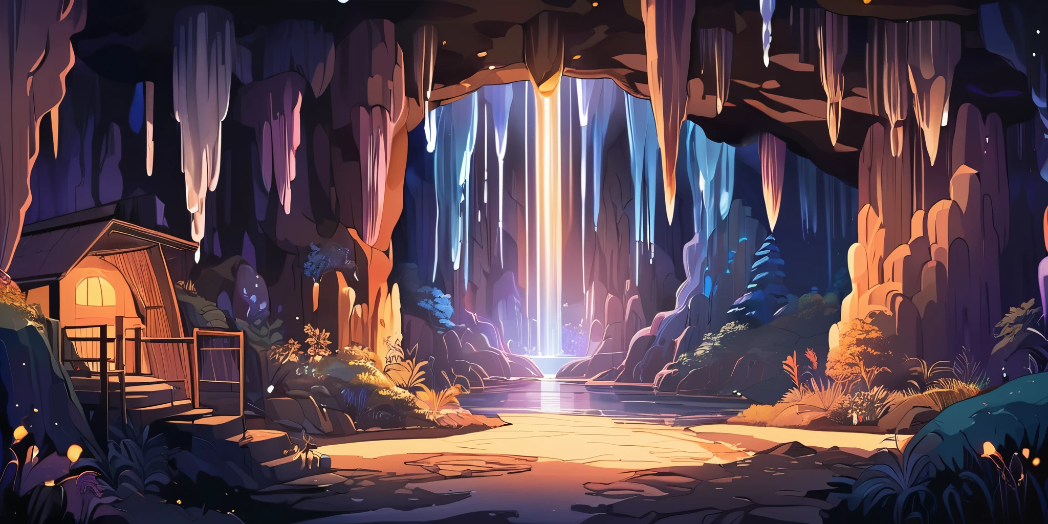 Draw a poster, village dans le style anime lofi, magical decoration, cascade of light, cave, stalagmites, Stalactites, la nuit, beautiful taupe color palette, couleurs saturées vibrantes, Artwork, aucun humain, dark brown theme