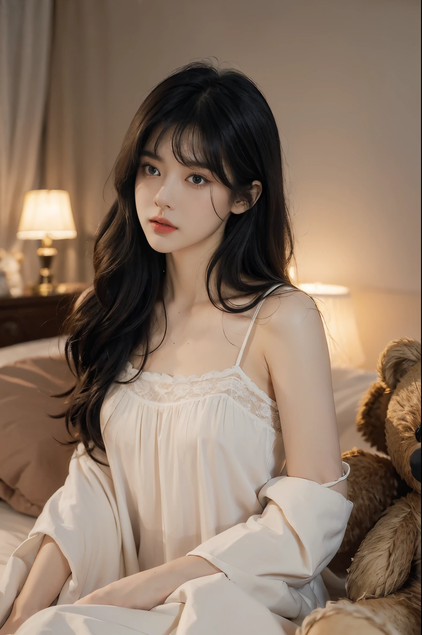 (((best quality))),(((ultra detailed))),(((masterpiece))),illustration,((1 beautiful girl,solo)),(((straight black hair,thick bangs))),(round face:1.5),((slim,thin)),(flat chest:1.3),(slender legs:1.2),(sitting:1.3),(in bedroom:1.3),(night scene:1.3),(on bed:1.3),(flowing nightgown:1.3), hair cascading, perfectly made bed, nightlight, ethereal hue, colorful posters, youthful spirit,(beside a teddy bear:1.3), protectiveness, contemplation,detailed eyes, otherworldly shimmer,red lips parted, speaking,peaceful, serene, sleepy atmosphere,comfort, safety, solitude, reflection, innocence, simple pleasures, comforts, chaos of life, snapshot,((from front,upper body))