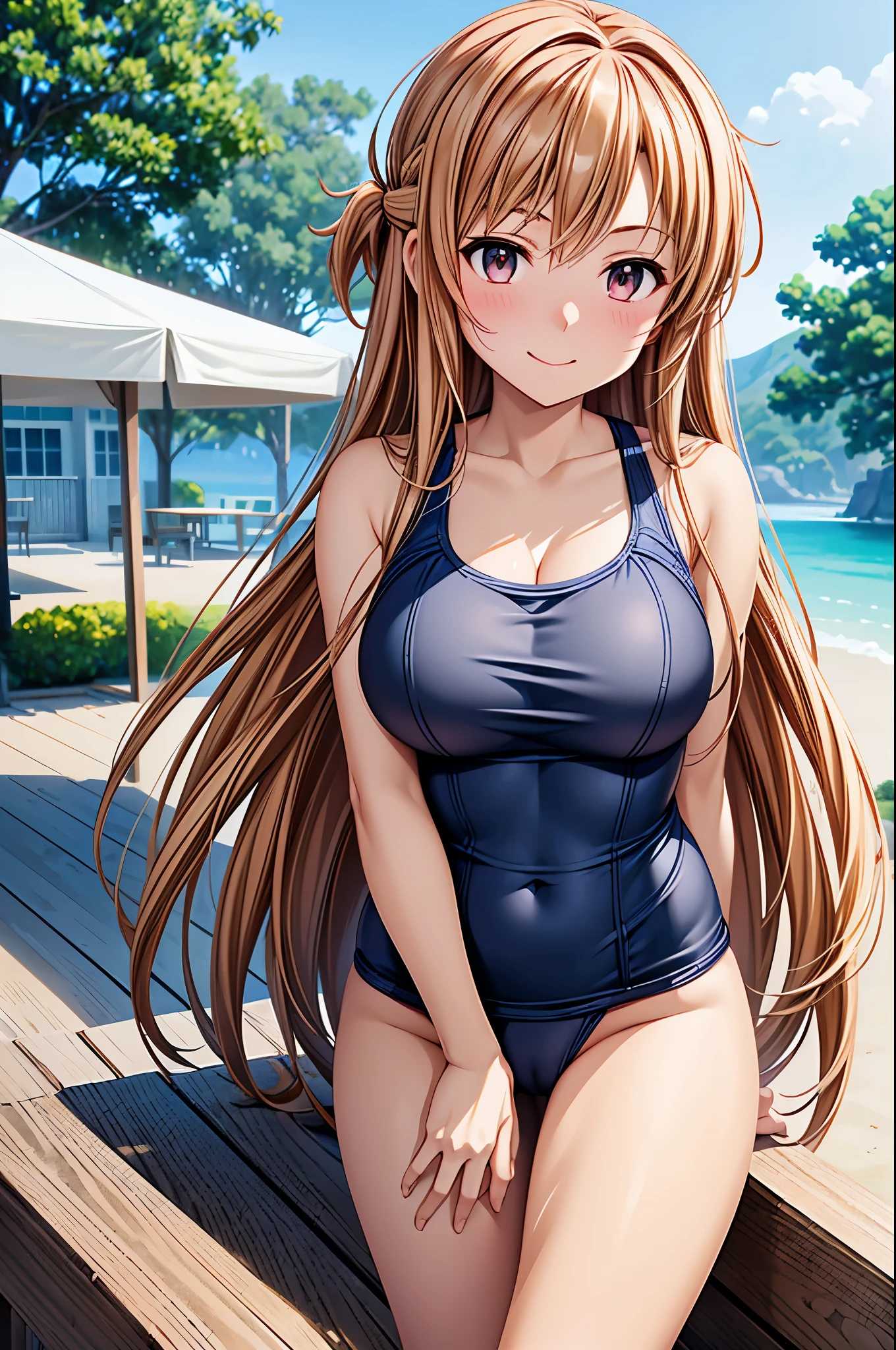 (master detailed anime)(masterpiece)(shine eyes)One girl, alone, (asuna)(naked:1.3), (Navy blue school swimsuit), Large Breasts, Cleavage, Thighs, Sandy beach background, (Blushing:1.2), smile